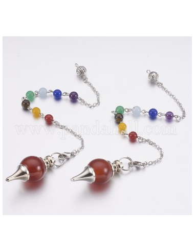 Pendule Sephoroton en Cornaline, accessoires en laiton, chakra, ronde, platine