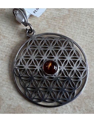 Pendentif argent Ambre et fleur de vie