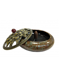 Brûle encens Céramique marron et bleu avec tapis ininflammable